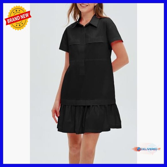 Cotton Drop Waist Ruffle Hem Shirt Dress Short Sleeve Button Down Tunic Pockets - Picture 5 of 7